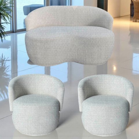 Kit Namoradeira + 2 Poltronas Decorativa Beatriz Orgânica Linho Bege
