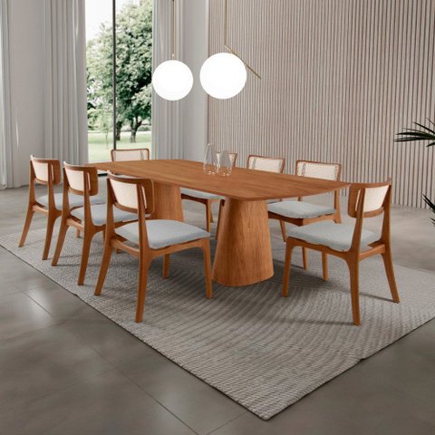 Sala de Jantar Mesa Noronha 220cm Tampo Laminado Canto Barril com 8 Cadeiras Viena