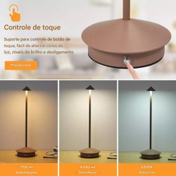 Luminaria de Mesa Abajur Led 3 Tons Controle de Intensidade Usb Bateria Recarregavel Touch Home Offi - 5