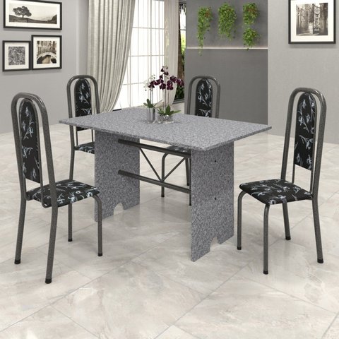 Conjunto de Mesa 120x75cm Tampo Granito com 4 Cadeiras Lavínea Cinza/Martelado Prata/Ocre/Preto Floral
