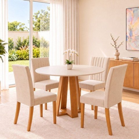 Conjunto Sala de Jantar Mesa Lisa 90cm com Tampo MDF Redonda 4 Cadeiras Lily