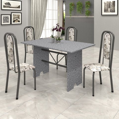 Conjunto de Mesa 120x75cm Tampo Granito com 4 Cadeiras Lavínea Cinza/Martelado Prata/Ocre/Arabesco