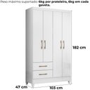 Ver imagem 3 de Guarda Roupa Solteiro Chile 4p 103 Cm Branco Moval
