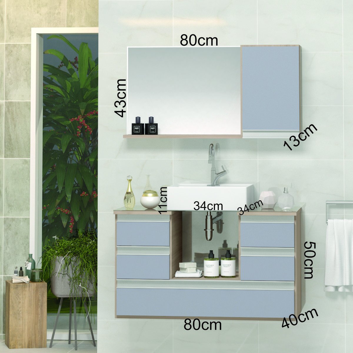 Conjunto Gabinete Banheiro POLO 80cm Madeirado/Cinza - Gabinete + Cuba + Espelheira + Tampo Vidro - 2