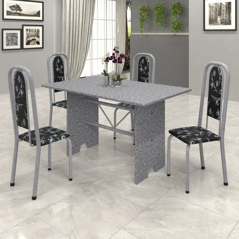Conjunto de Mesa 120x75cm Tampo Granito com 4 Cadeiras Lavínea Cinza/Martelado Pérola/Ocre/Preto Floral