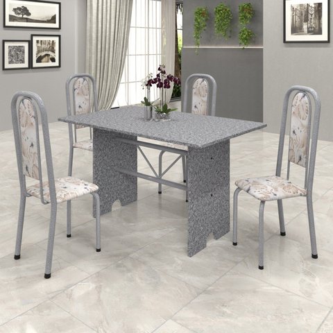 Conjunto de Mesa 120x75cm Tampo Granito com 4 Cadeiras Lavínea Cinza/Martelado Pérola/Ocre/Botanic Bege