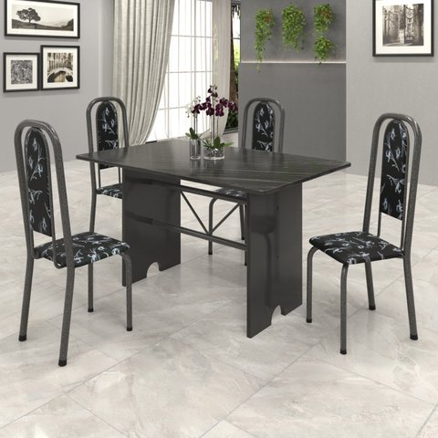 Conjunto de Mesa 120x75cm Tampo Ardósia com 4 Cadeiras Lavínea Preto/Martelado Prata/Floral