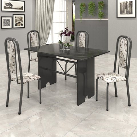 Conjunto de Mesa Tampo Ardósia 120x75cm com 4 Cadeiras Lavínea Preto/Martelado Prata/Ardosia Indiano/Arabesco