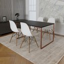 Ver imagem 1 de Mesa Industrial Base Ferro Cobre 137x90 Tampo Preto 4 Cadeiras Eiffel Madeira Assento Branco