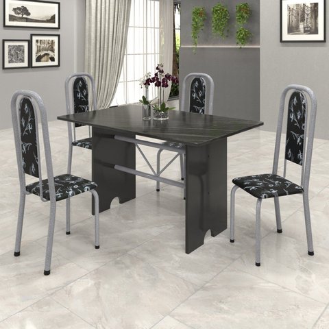 Conjunto de Mesa Tampo Ardósia 120x75cm com 4 Cadeiras Lavínea Preto/Martelado Perola/Ardosia Indiano/Floral
