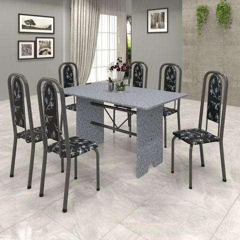 Conjunto de Mesa 140x75cm Tampo Granito com 6 Cadeiras Lavínea Cinza/Martelado Prata/Ocre/Preto Floral