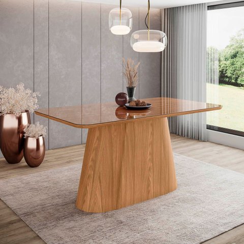 Mesa de Jantar 160cm Retangular 6 Lugares com Vidro Canto Arredondado Olivia Henn