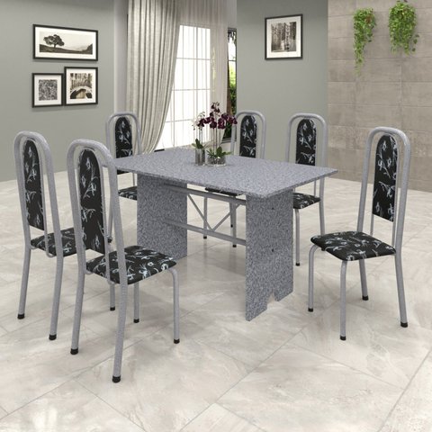 Conjunto de Mesa 140x75cm Tampo Granito com 6 Cadeiras Lavínea 