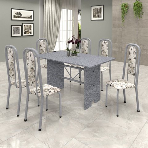 Conjunto de Mesa 140x75cm Tampo Granito com 6 Cadeiras Lavínea Cinza/Martelado Pérola/Ocre/Arabesco