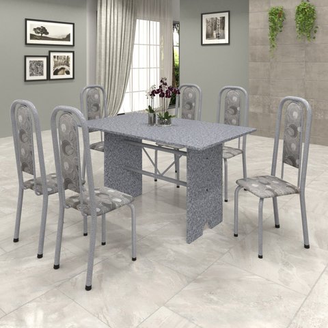 Conjunto de Mesa 140x75cm Tampo Granito com 6 Cadeiras Lavínea 