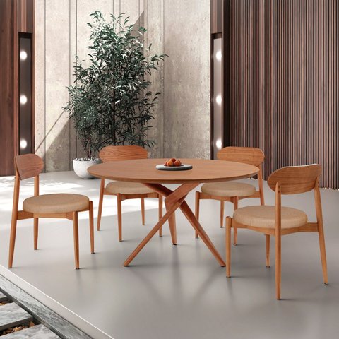 Conjunto Sala de Jantar Mesa 135cm Tampo Redondo Laminado e 4 Cadeiras Hope