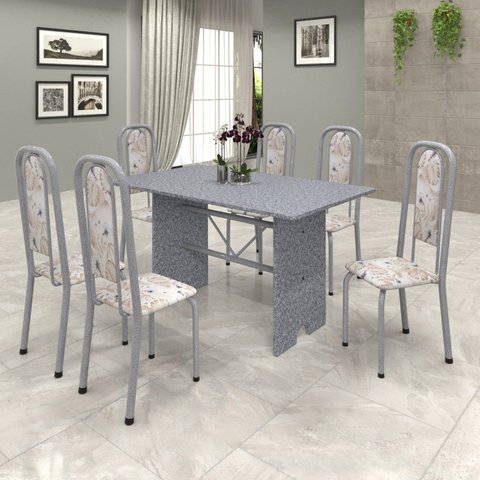 Conjunto de Mesa 140x75cm Tampo Granito com 6 Cadeiras Lavínea Cinza/Martelado Pérola/Ocre/Botanic Bege