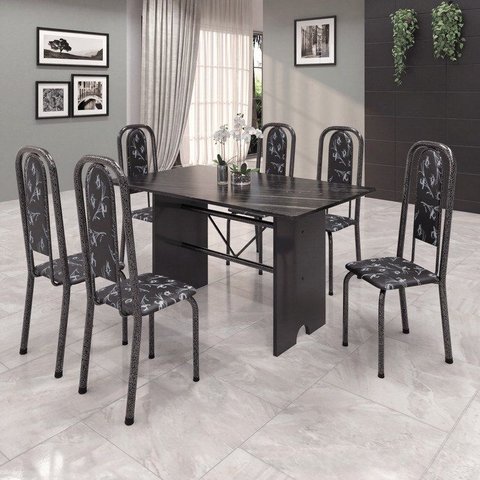 Conjunto Sala de Jantar 6 Lugares Tampo Ardósia Lavínea Preto/Martelado Prata/Floral