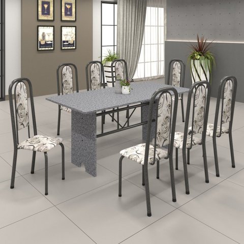 Conjunto de Mesa 180x75cm Tampo Granito com 8 Cadeiras Lavínea Cinza/Martelado Prata/Ocre/Arabesco
