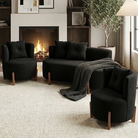 Conjunto 2 Poltronas + Sofá Curvo Orgânico Luna Boucle Preto - Montanaris Decor