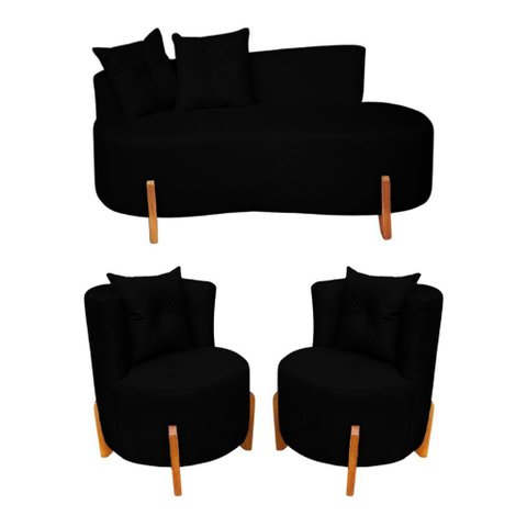 Conjunto 2 Poltronas + Sofá Curvo Orgânico Luna Boucle Preto - Montanaris Decor