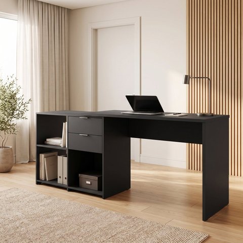Mesa Escrivaninha em L 2 Gavetas 148,6cm com 3 Nichos