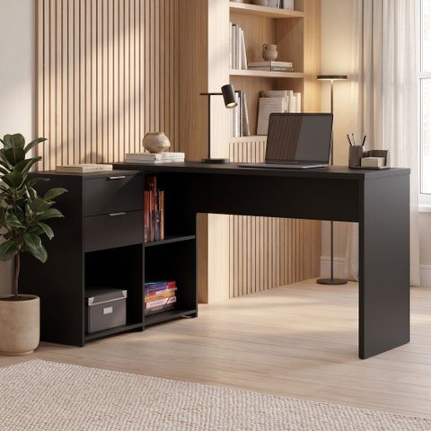 Mesa Escrivaninha em L 2 Gavetas 148,6cm com 3 Nichos