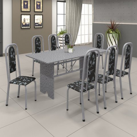 Conjunto de Mesa 180x75cm Tampo Granito com 8 Cadeiras Lavínea Cinza/Martelado Pérola/Ocre/Preto Floral
