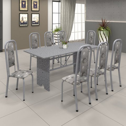 Conjunto de Mesa 180x75cm Tampo Granito com 8 Cadeiras Lavínea Cinza/Martelado Pérola/Ocre/Paraopeba