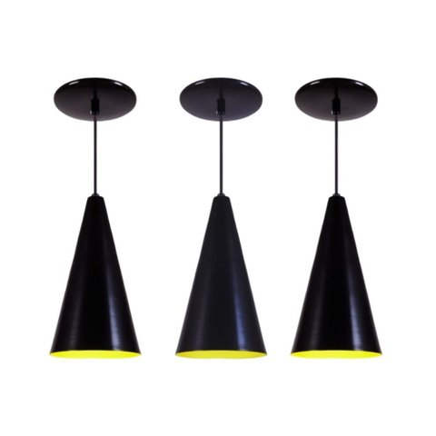 Kit 3 Luminaria Pendente Lustre Aluminio Cone Preto