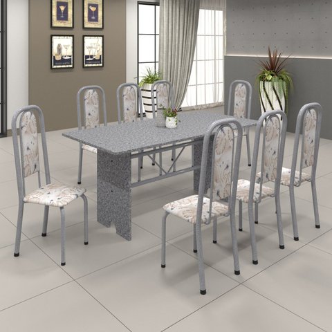 Conjunto de Mesa 180x75cm Tampo Granito com 8 Cadeiras Lavínea Cinza/Martelado Pérola/Ocre/Botanic Bege