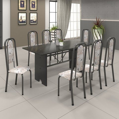 Conjunto de Mesa 180x75cm Tampo Ardósia com 8 Cadeiras Lavínea Preto/Martelado Prata/Botanic Bege