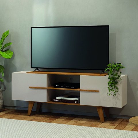 Rack Bancada para TV até 65" Sala de Estar Vila 2 Portas 1 Prateleira Cinamomo Off White Madetec