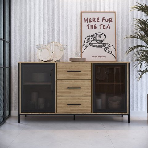 Balcão Buffet 150cm com 2 Portas de Vidro e 3 Gavetas Duo Marrom/Oak/Preto