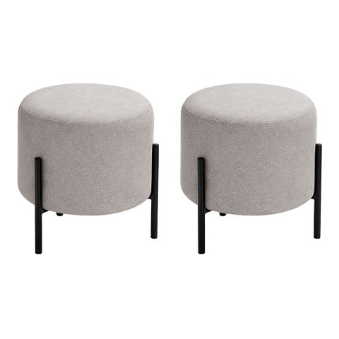 Kit com 2 Puffs Luxor Redondos em Linho Pés de Ferro Design Minimalista Sala Moderna Premium - Cinza