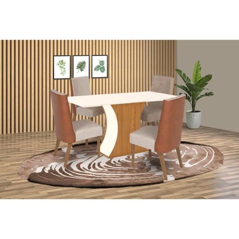 Conjunto: Mesa Sala Jantar Luiza Sc15 Tampo Madeirado C/ Vidro Canto Curvo 160x90cm e 4 Cadeiras