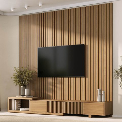 Rack com Painel Ripado Extensível para TV até 86 Polegadas 244cmx250cm Aruá CabeCasa MadeiraOriginals Marrom Jatobá