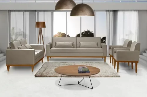 Sofá Living 3 e 2 Lugares Valência - 2,20/1,58mts + 02 Poltronas C/ Base Madeira de Reflorestamento  - 1