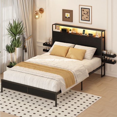 Cama de Casal com Cabeceira Multifuncional Led, Tomadas Usb e Compartimentos Laterais Preta