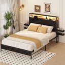 Ver imagem 1 de Cama de Casal com Cabeceira Multifuncional Led, Tomadas Usb e Compartimentos Laterais Preta