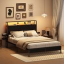 Ver imagem 2 de Cama de Casal com Cabeceira Multifuncional Led, Tomadas Usb e Compartimentos Laterais Preta