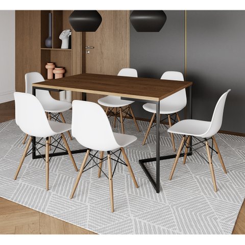Mesa Jantar Industrial Retangular Amêndoa 137x90cm Base V Ferro Preto com 6 Cadeiras Branca Eames Ma