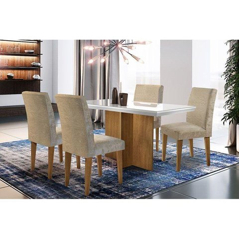 Sala de Jantar Completa Berlim C/ Tampo Madeirado C/ Vidro Canto Reto 120cm + 4 Cadeiras Grécia