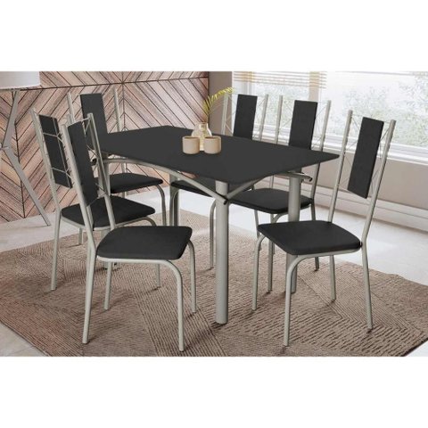 Conjunto: Mesa de Cozinha Elba Tampo Madeirado C/ Vidro 160cm e 6 Cadeiras Lisboa Niquel/preto -