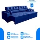 Ver imagem 3 de Sofá 4 Lugares Smart Azul Retrátil, Reclinável 2,62 Metros Tecnologia Carregamento 3 Portas Usb