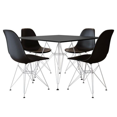 Mesa de Jantar Quadrada 90cm Preta com 4 Cadeiras Pretas Base Ferro Branco Cor: Preto