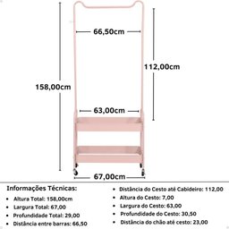 Arara de Roupas Multiuso com 2 Prateleiras e Rodízios em Ferro - Rosa - 5