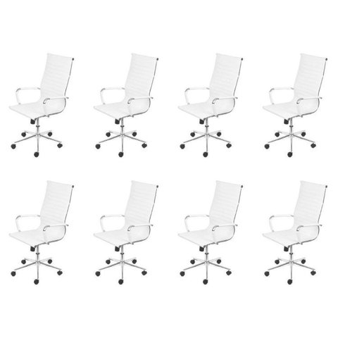 Kit 8 Cadeiras Escritório Presidente Esteirinha Rodízio Relax Corino 3301 Branco