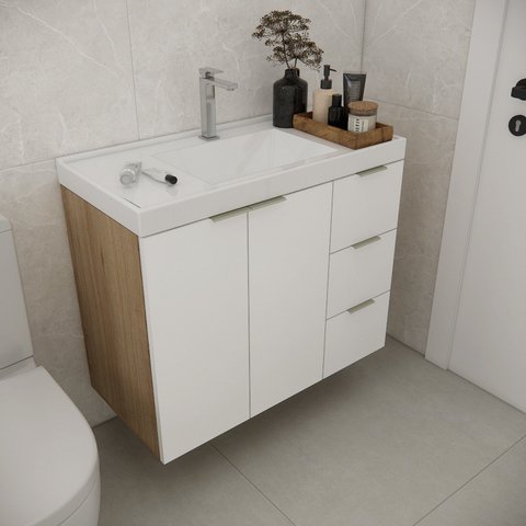 Gabinete de Banheiro com Cuba 79,6cm Gaveta Direita Vittare Branco/Carvalho
