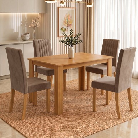 Conjunto Sala de Jantar Mesa Juliana 110cm Tampo MDP Canto Reto 4 Cadeiras Lily